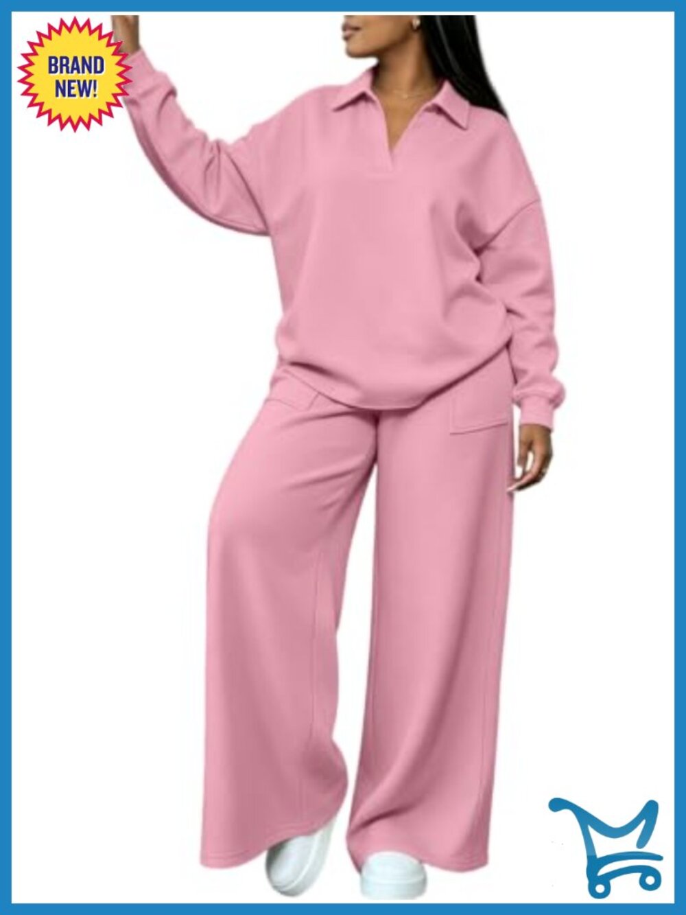 Plus Size 2 Piece Lounge Set L/S Polo V Neck Top Wide Leg Pants
